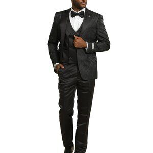 Black Floral Pattern Satin Peak 3 Pc Stacy Adams Men's Suit